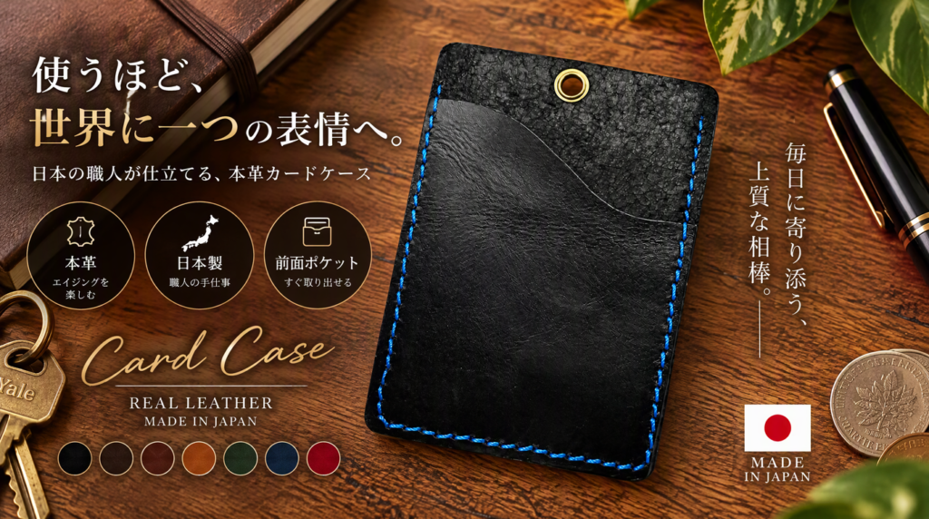 黒の本革×青色ステッチ パスケース ブラック ブルー 定期入れ 通勤 通学 カードケース カード入れ 薄型 スリム コンパクト 本革 レザー 革小物 経年変化 エイジング メンズ レディース 男女兼用 シンプル ハンドメイド 手作り 日本製 おしゃれ プレゼント