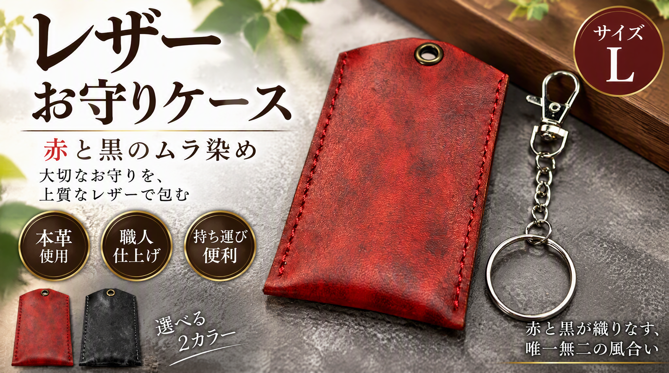 赤×黒ムラ染め本革お守りケースLサイズ｜AirTagも入るレザーお守りカバー
